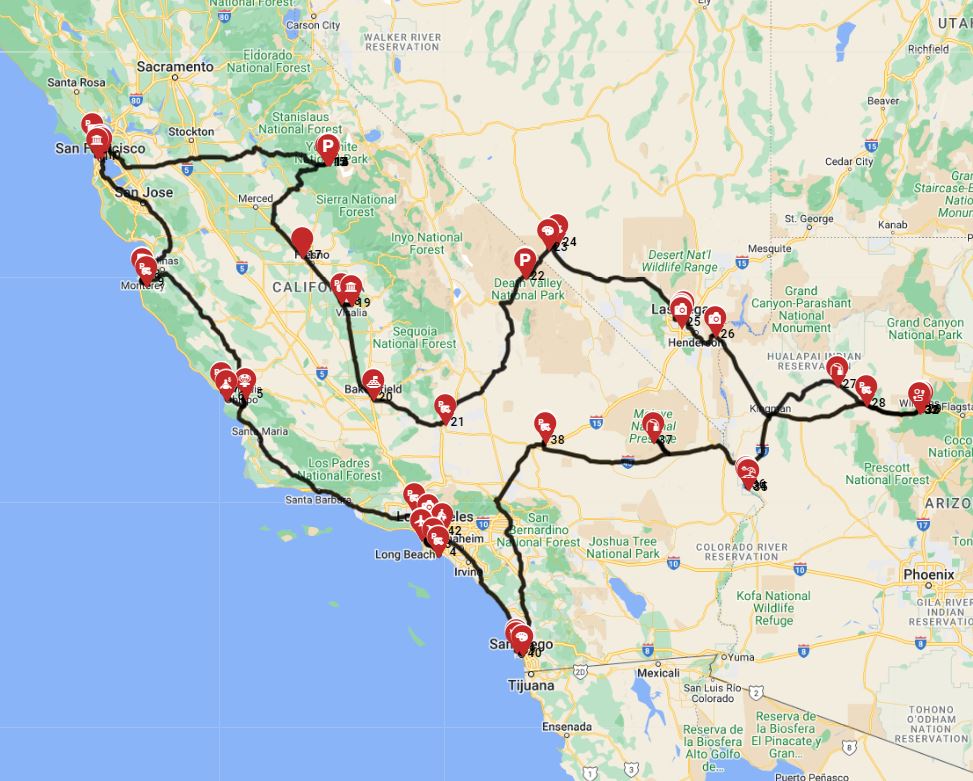 Map for Los Angeles Roundtrip - The Golden Triangle